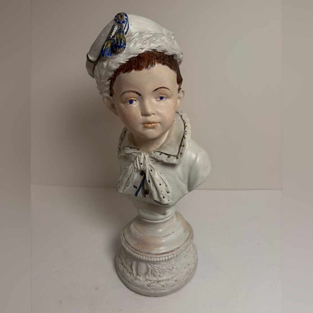 Charming Vintage White and Blue Little Boy Ceramic Bust
